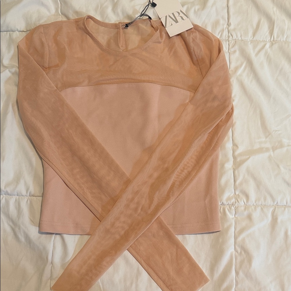 Zara Women's Sheer Long Sleeve Bodysuit - Peach